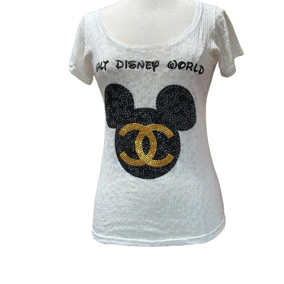 Tops - White Tee with Black and Gold Mickey Design